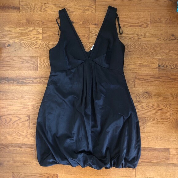 Black Satin Wide Puffball Hem Shift Dress - Picture 7 of 9